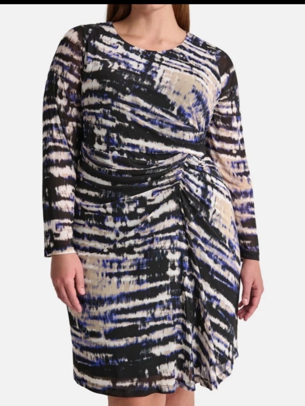 DKNY Black, Blue and Cream Abstract Twist-Detail Long Sleeve Dress